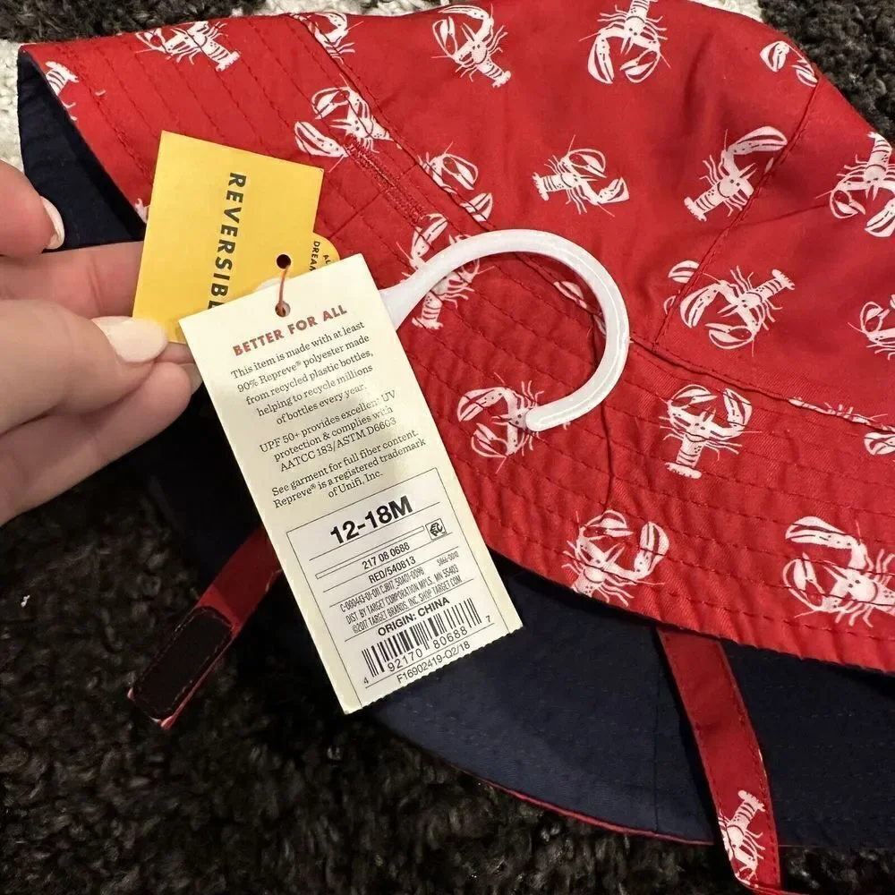 Cat &‎ jack Baby Hat Sun Reversible Lobster Chin Strap Red Navy Blue Size 12-18M